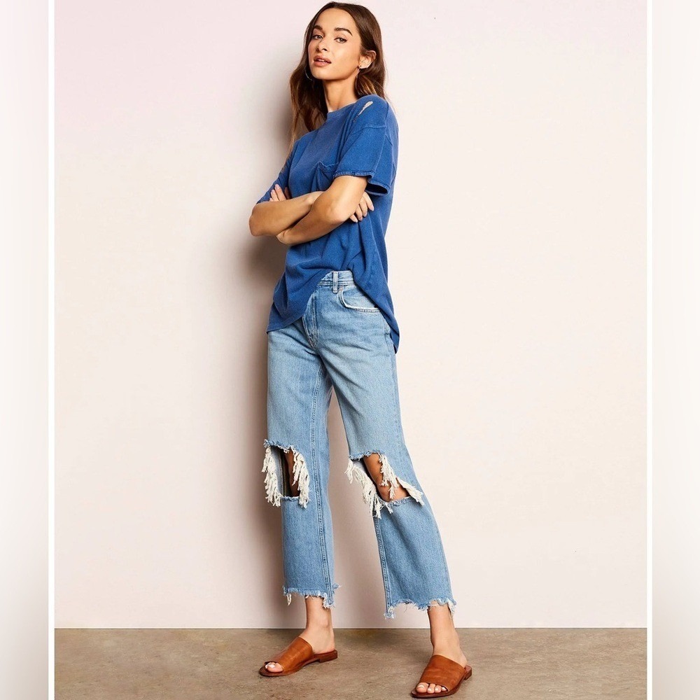 We The Free Free People Maggie Straight Leg Jeans 30 Blue Distressed Raw Hem